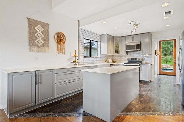 Interior, Kitchen, Recessed Lighting, Stainless Steel Appliances, Wood Texture Flooring