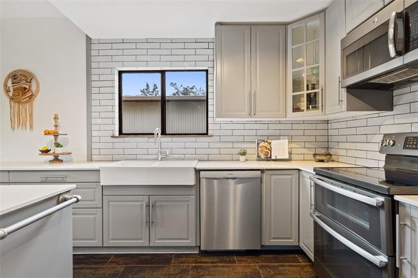 Interior, Kitchen, Stainless Steel Appliances, Stone Walls, Wood Texture Flooring