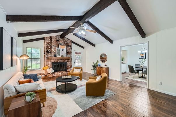 Dining room, Fireplace, Interior, Living room, Pendant Lights, Stone Walls, Wooden Beams, Wood Texture Flooring