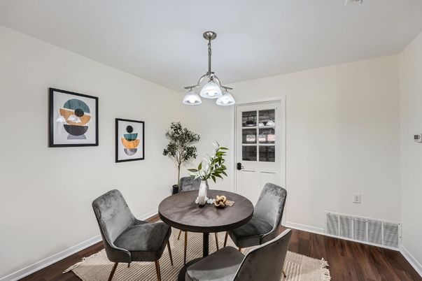 Dining room, Interior, Pendant Lights, Wood Texture Flooring