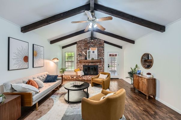 Fireplace, Interior, Living room, Stone Walls, Wooden Beams, Wood Texture Flooring