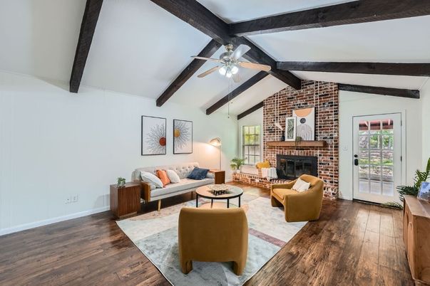 Fireplace, Interior, Living room, Stone Walls, Wooden Beams, Wood Texture Flooring