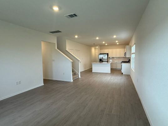 Empty room, Interior, Kitchen, Recessed Lighting, Wood Texture Flooring