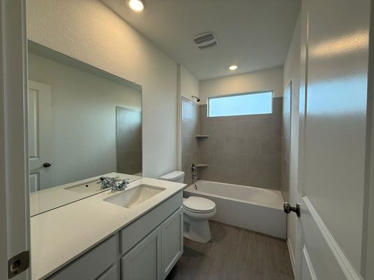 Bathroom, Dual Sink Vanities, Interior, Recessed Lighting, Wood Texture Flooring