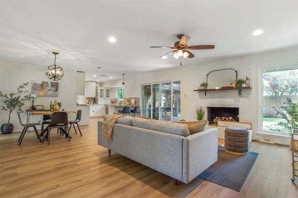 Dining room, Fireplace, Interior, Kitchen, Living room, Pendant Lights, Recessed Lighting, Stone Walls, Wood Texture Flooring