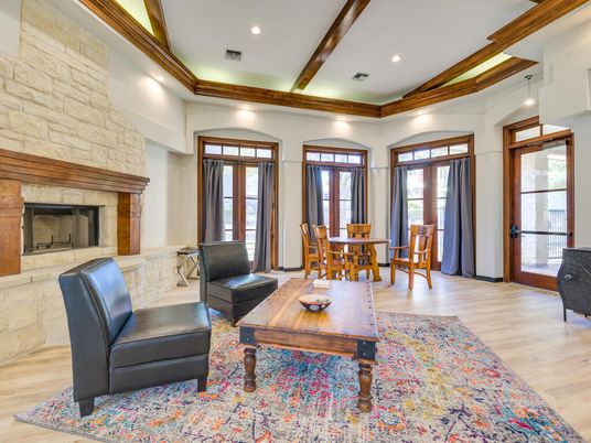 Dining room, Fireplace, Interior, Recessed Lighting, Stone Walls, Wooden Beams, Wood Texture Flooring