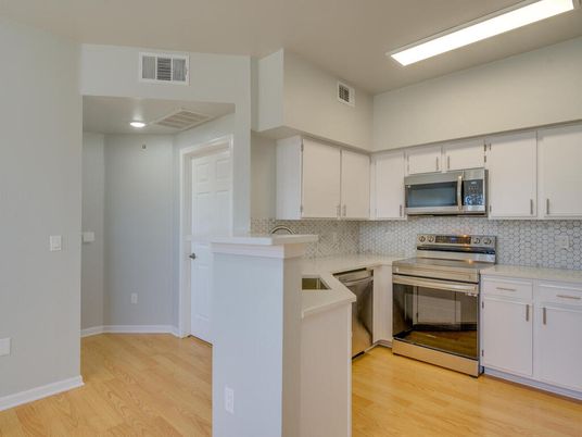 Interior, Kitchen, Recessed Lighting, Stainless Steel Appliances, Wood Texture Flooring