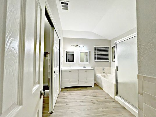 Bathroom, Dual Sink Vanities, Glass Shower, Interior, Wood Texture Flooring