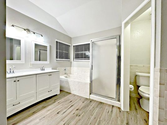 Bathroom, Glass Shower, Interior, Wood Texture Flooring