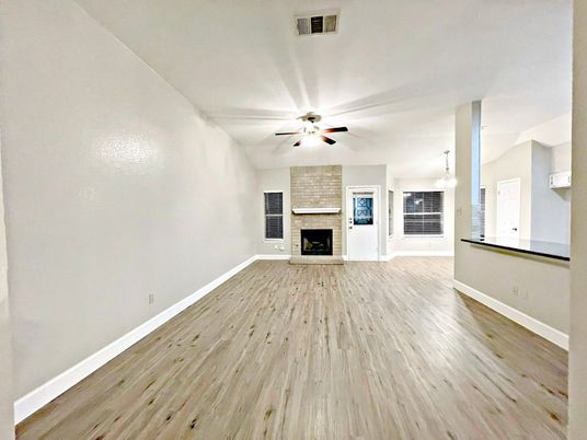 Empty room, Fireplace, Interior, Pendant Lights, Wood Texture Flooring