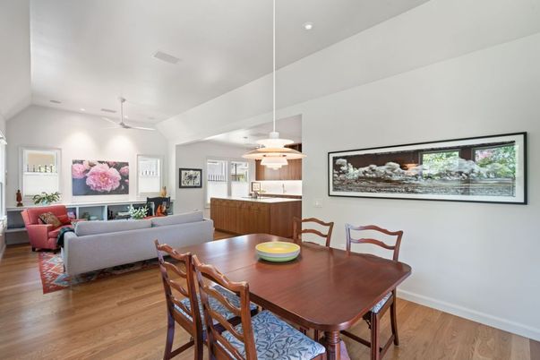 Dining room, Interior, Living room, Pendant Lights, Recessed Lighting, Wood Texture Flooring