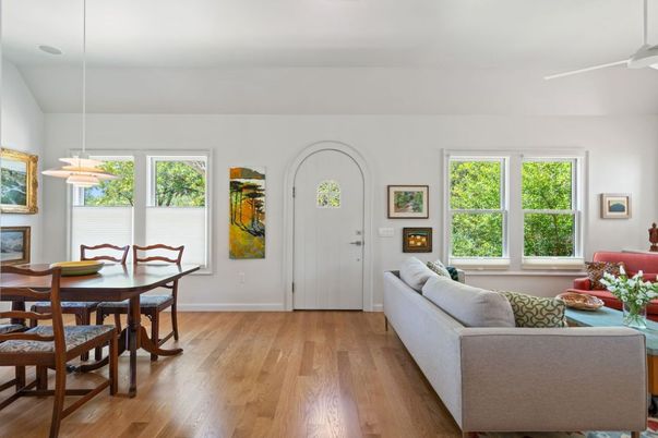 Dining room, Interior, Living room, Pendant Lights, Wood Texture Flooring