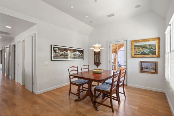 Dining room, Interior, Pendant Lights, Recessed Lighting, Wood Texture Flooring