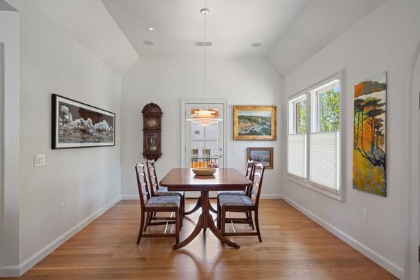 Dining room, Interior, Pendant Lights, Recessed Lighting, Wood Texture Flooring