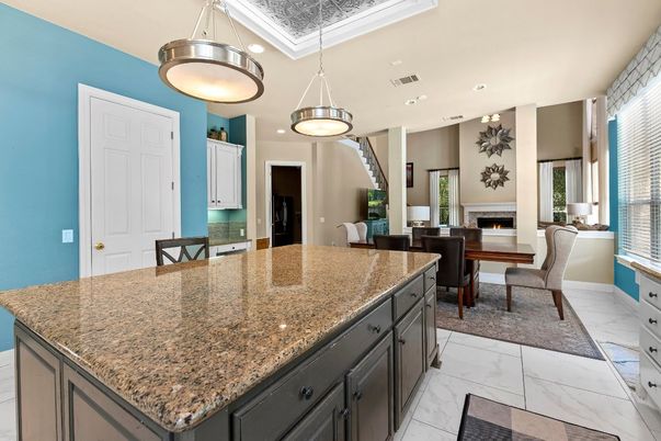 Dining room, Fireplace, Interior, Marble, Pendant Lights, Recessed Lighting