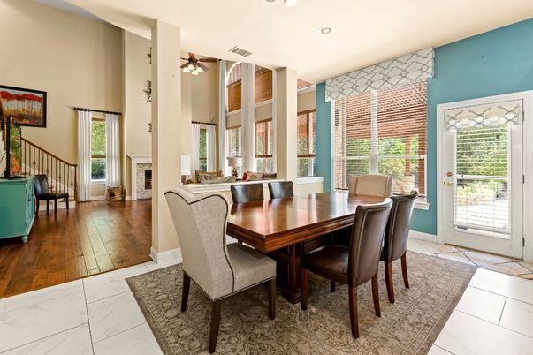 Dining room, Fireplace, Interior, Marble, Recessed Lighting, Wood Texture Flooring