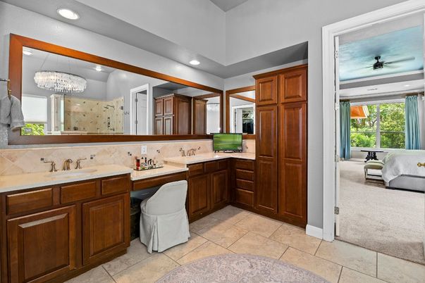 Bathroom, Chandelier, Dual Sink Vanities, Interior, Recessed Lighting