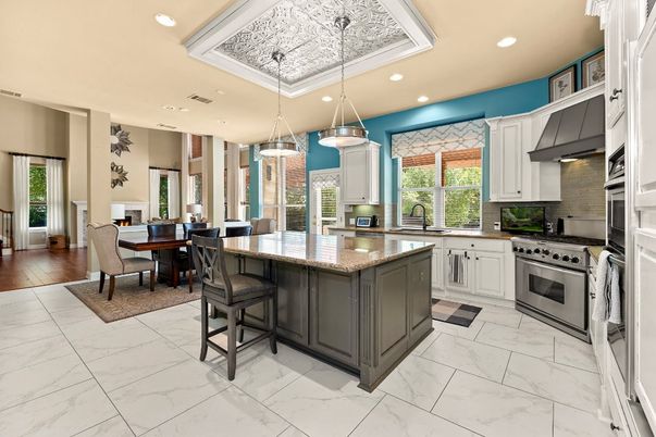 Dining room, Interior, Kitchen, Marble, Pendant Lights, Recessed Lighting, Stainless Steel Appliances