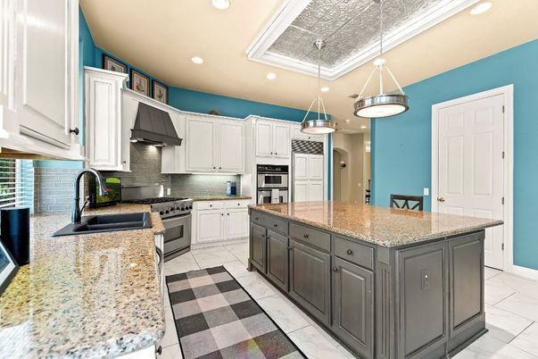 Interior, Kitchen, Marble, Pendant Lights, Recessed Lighting, Stainless Steel Appliances
