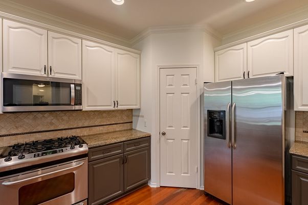 Interior, Kitchen, Recessed Lighting, Stainless Steel Appliances, Wood Texture Flooring