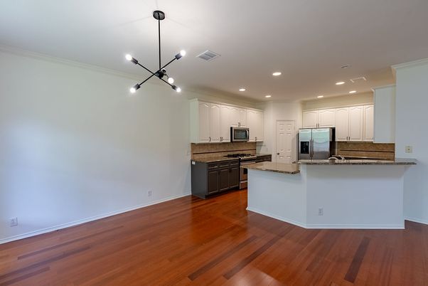 Interior, Kitchen, Pendant Lights, Recessed Lighting, Stainless Steel Appliances, Wood Texture Flooring