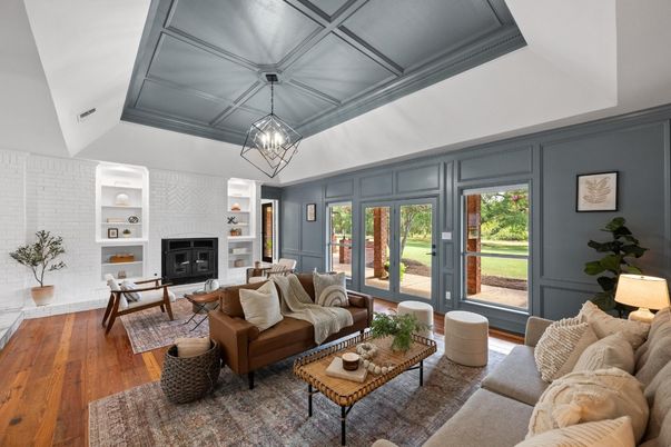 Fireplace, Interior, Living room, Pendant Lights, Wood Texture Flooring