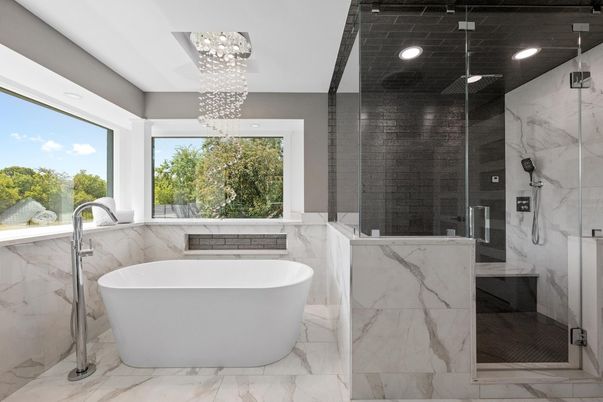 Bathroom, Free Standing Baths, Glass Shower, Interior, Marble, Marble Walls, Pendant Lights, Recessed Lighting