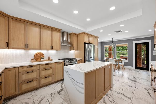 Dining room, Interior, Kitchen, Marble, Pendant Lights, Recessed Lighting, Stainless Steel Appliances