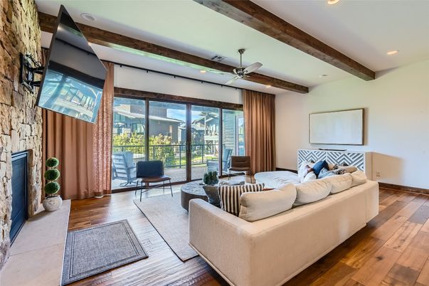 Fireplace, Interior, Living room, Recessed Lighting, Wooden Beams, Wood Texture Flooring