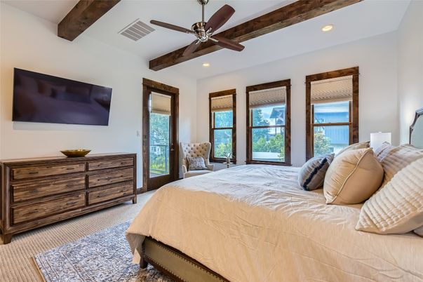 Bedroom, Interior, Recessed Lighting, Water, Wooden Beams