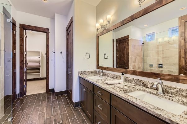 Bathroom, Dual Sink Vanities, Interior, Recessed Lighting, Wood Texture Flooring