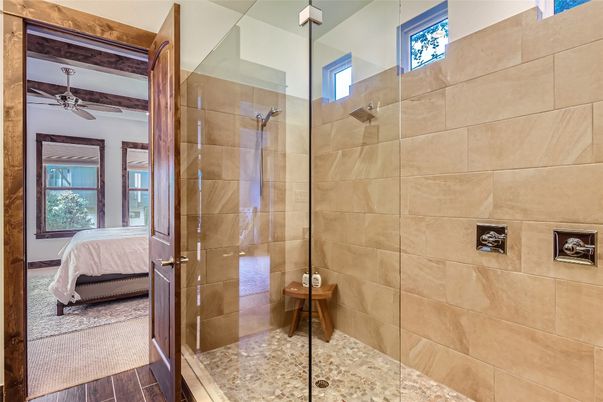Bathroom, Bedroom, Glass Shower, Interior, Wood Texture Flooring