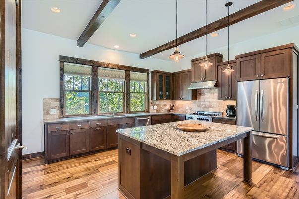 Interior, Kitchen, Pendant Lights, Recessed Lighting, Stainless Steel Appliances, Wooden Beams, Wood Texture Flooring
