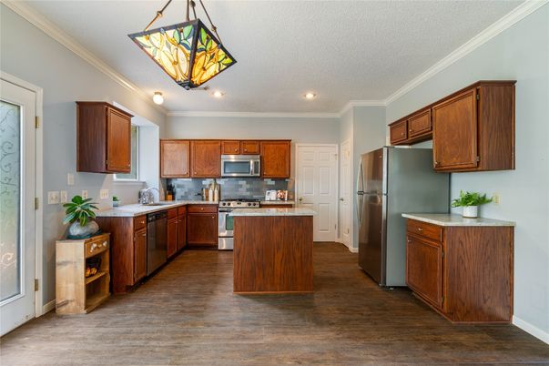 Interior, Kitchen, Recessed Lighting, Stainless Steel Appliances, Wood Texture Flooring