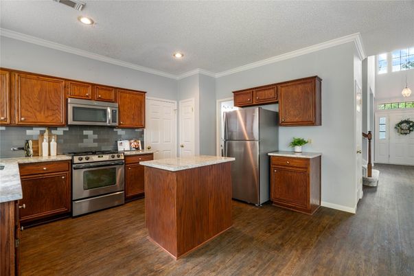 Interior, Kitchen, Pendant Lights, Recessed Lighting, Stainless Steel Appliances, Wood Texture Flooring