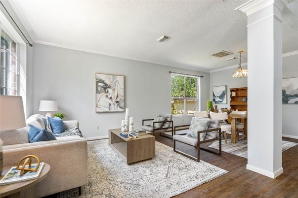Dining room, Interior, Living room, Pendant Lights, Wood Texture Flooring