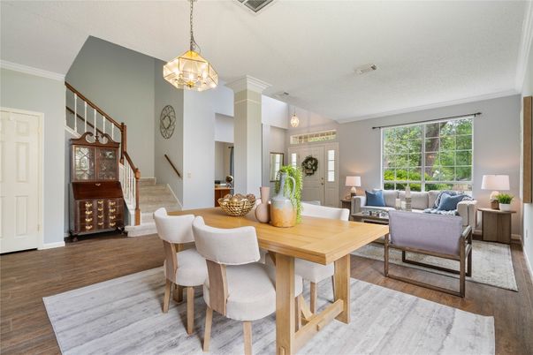 Dining room, Interior, Living room, Pendant Lights, Wood Texture Flooring