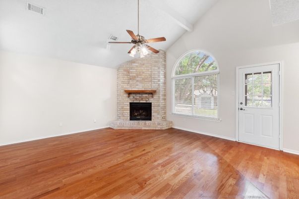 Empty room, Fireplace, Interior, Stone Walls, Wood Texture Flooring