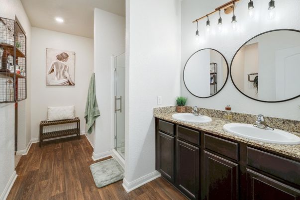 Bathroom, Dual Sink Vanities, Interior, Recessed Lighting, Wood Texture Flooring