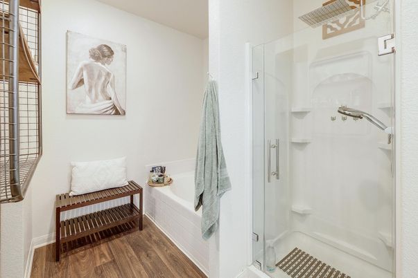 Bathroom, Glass Shower, Interior, Wood Texture Flooring