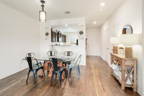 Dining room, Interior, Kitchen, Recessed Lighting, Wood Texture Flooring