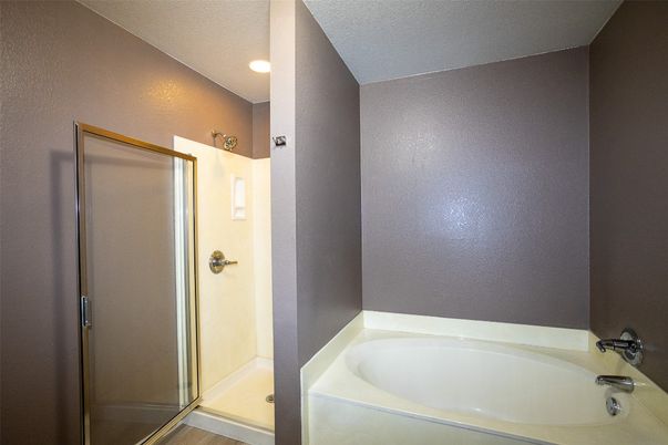 Bathroom, Glass Shower, Interior, Recessed Lighting, Wood Texture Flooring