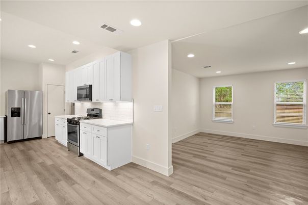 Interior, Kitchen, Recessed Lighting, Stainless Steel Appliances, Wood Texture Flooring