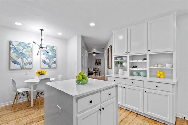 Dining room, Interior, Pendant Lights, Recessed Lighting, Wood Texture Flooring
