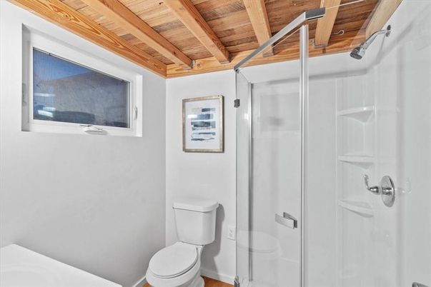 Bathroom, Glass Shower, Interior, Wooden Beams, Wooden Ceilings, Wood Texture Flooring