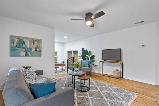 Interior, Living room, Recessed Lighting, Wood Texture Flooring