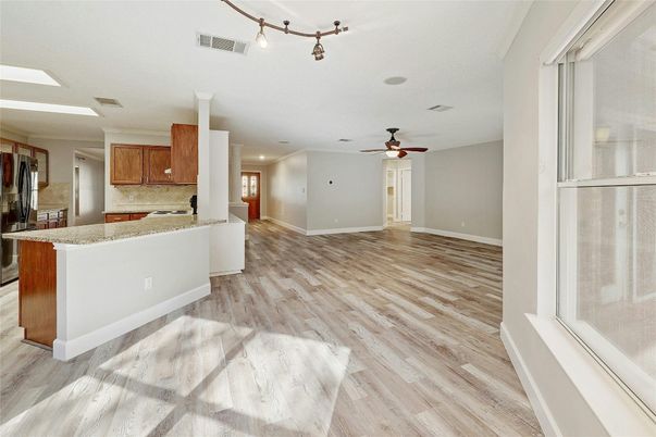 Empty room, Interior, Kitchen, Recessed Lighting, Wood Texture Flooring