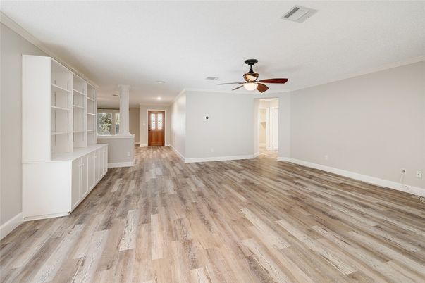 Empty room, Interior, Recessed Lighting, Wood Texture Flooring