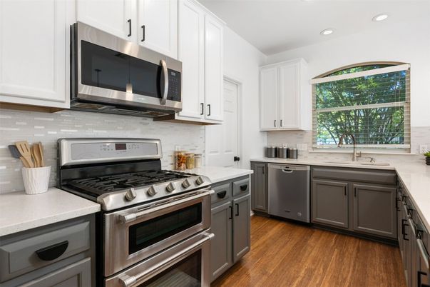 Interior, Kitchen, Recessed Lighting, Stainless Steel Appliances, Wood Texture Flooring