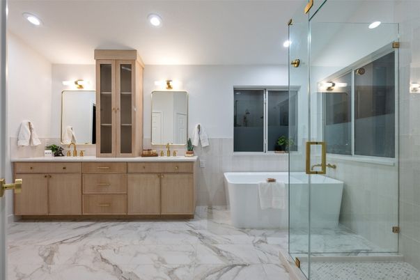 Bathroom, Dual Sink Vanities, Free Standing Baths, Glass Shower, Interior, Marble, Recessed Lighting